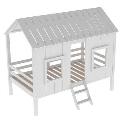 Twin size low loft house bed with roof and front windows in white wood by HouseOfZazla on Tampa Home & Garden Store