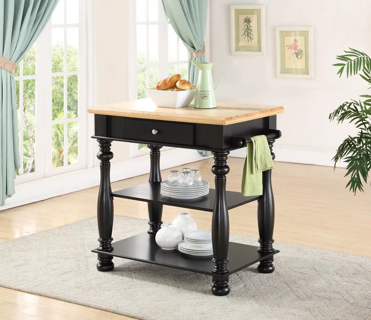 Kitchen Island by Unique Piece Furniture in black with natural wood top; turned legs on Tampa Home & Garden Store