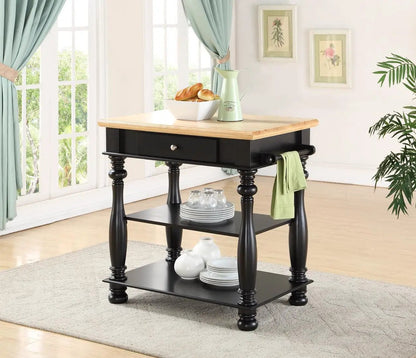 Kitchen Island by Unique Piece Furniture in black with natural wood top; turned legs on Tampa Home & Garden Store