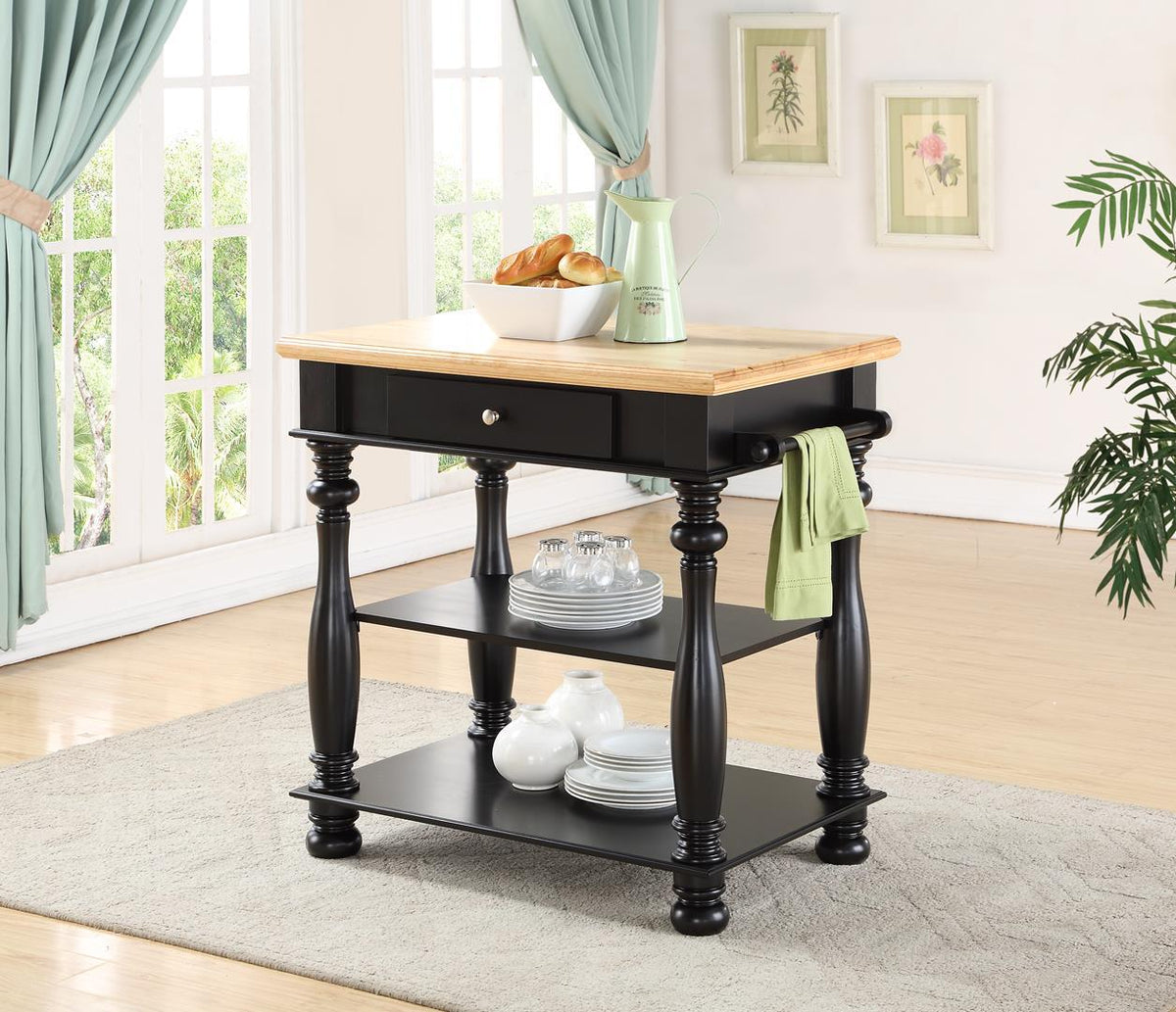 Kitchen Island by HouseOfZazla with black turned legs and natural wood top, drawer shelf on Tampa Home & Garden Store