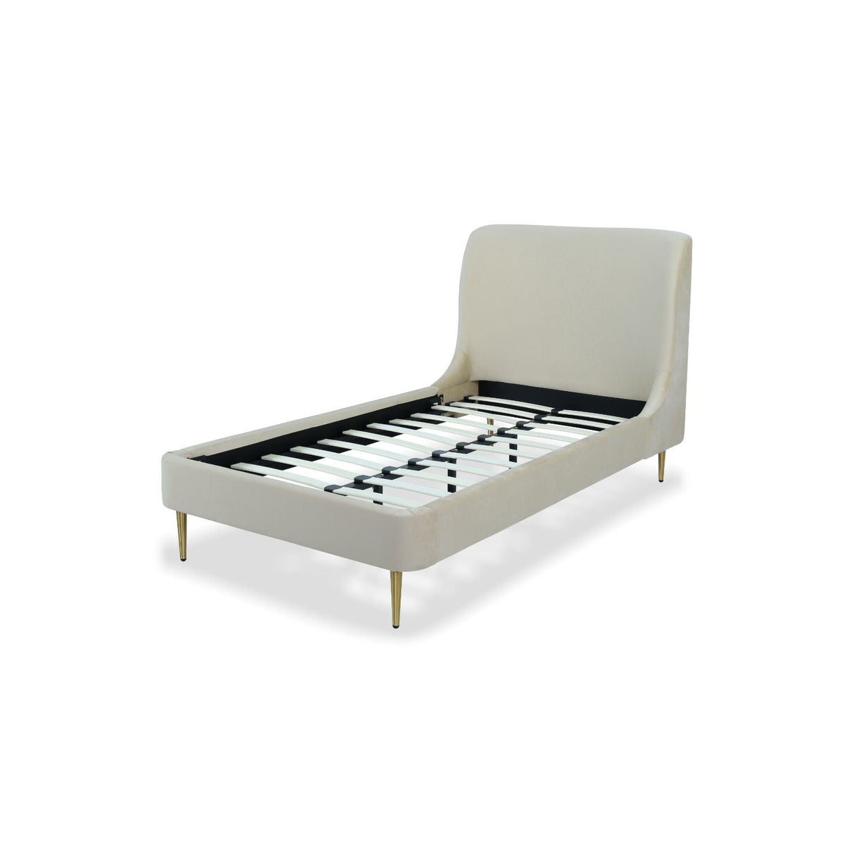 Upholstered bed with curved headboard in beige fabric and gold legs, HouseOfZazla on Tampa Home & Garden Store