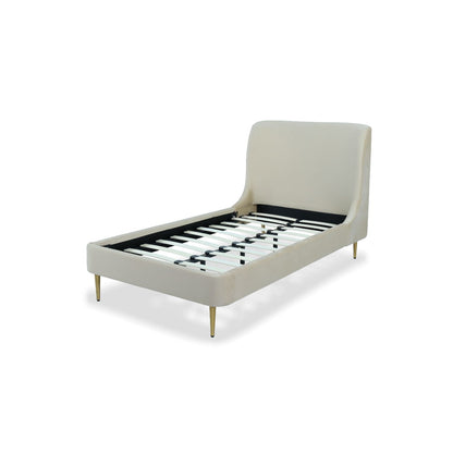 Upholstered bed with curved headboard in beige fabric and gold legs, HouseOfZazla on Tampa Home & Garden Store