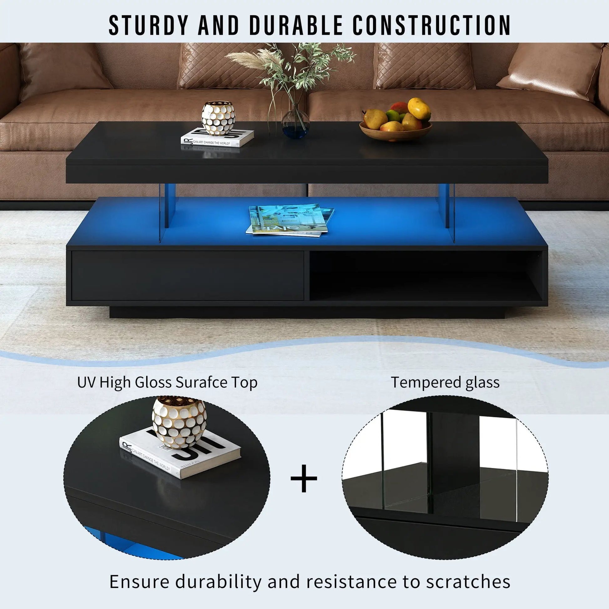 LED coffee table with 2 drawers and display shelves in black high-gloss finish with blue legs on Tampa Home & Garden Store