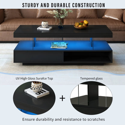 LED coffee table with 2 drawers and display shelves in black high-gloss finish with blue legs on Tampa Home & Garden Store