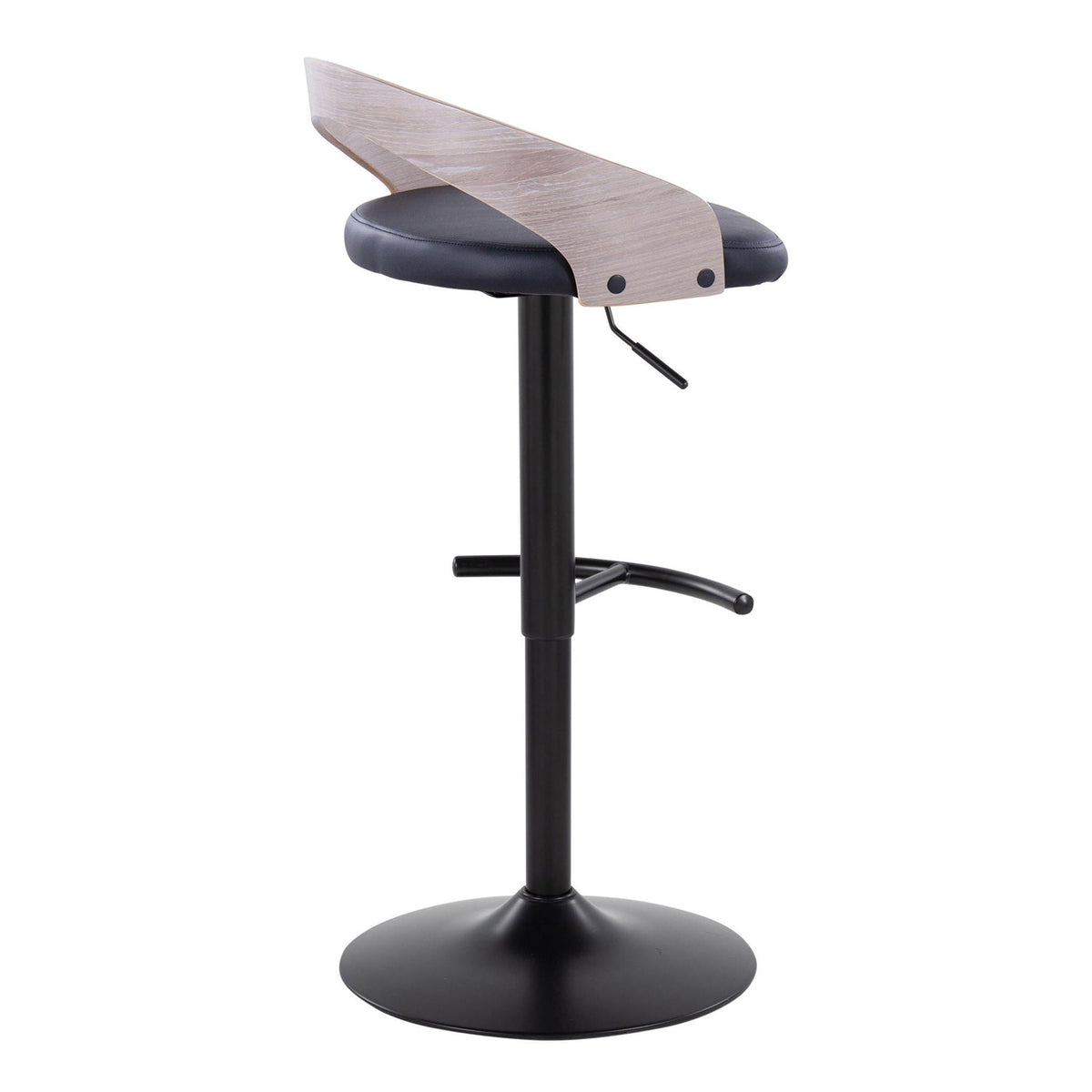 Adjustable black cushioned swivel barstool with light wood curved backrest and footrest on Tampa Home & Garden Store