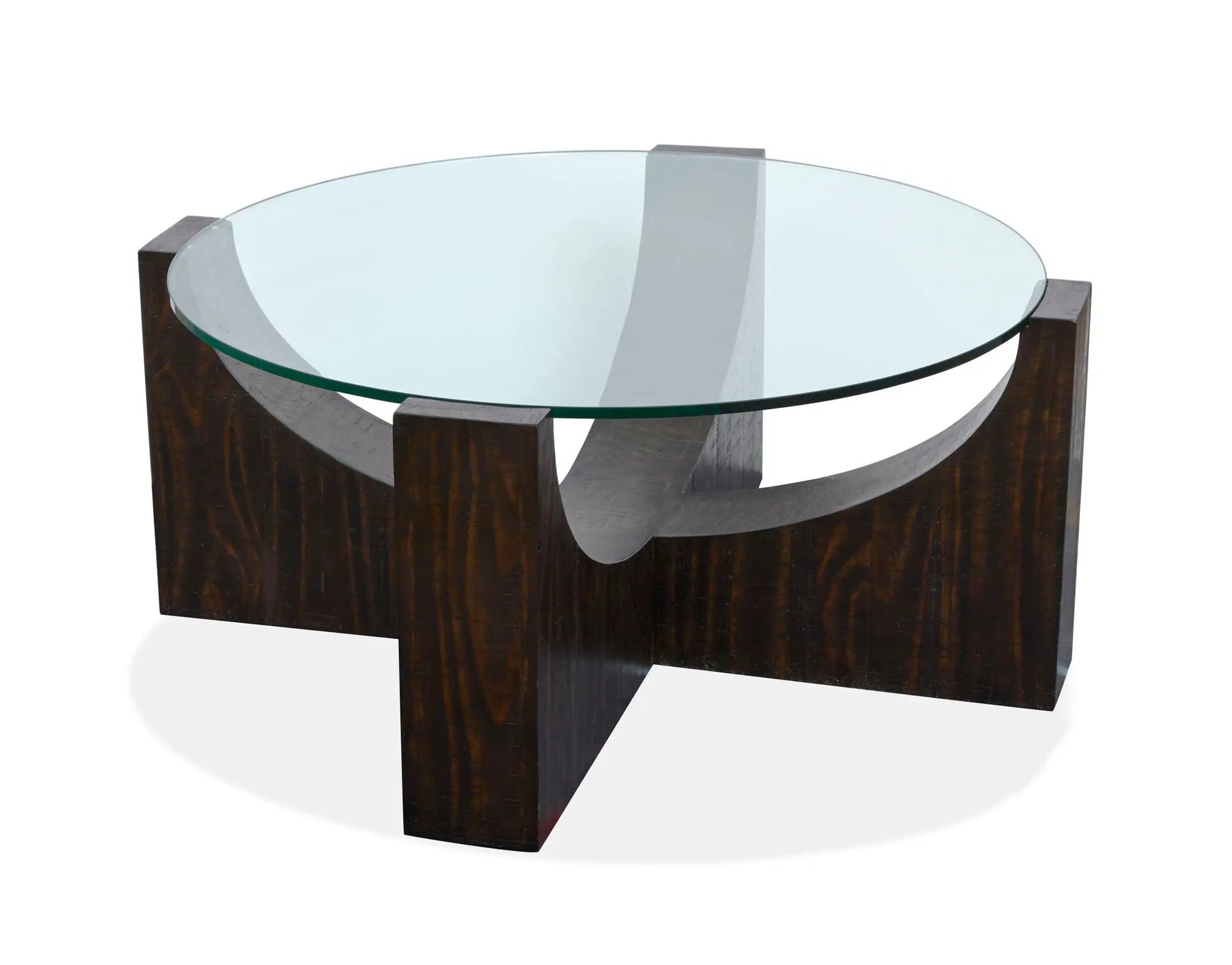 Beckham end table round glass top with dark wood block legs by Unique Piece Furniture on Tampa Home & Garden Store