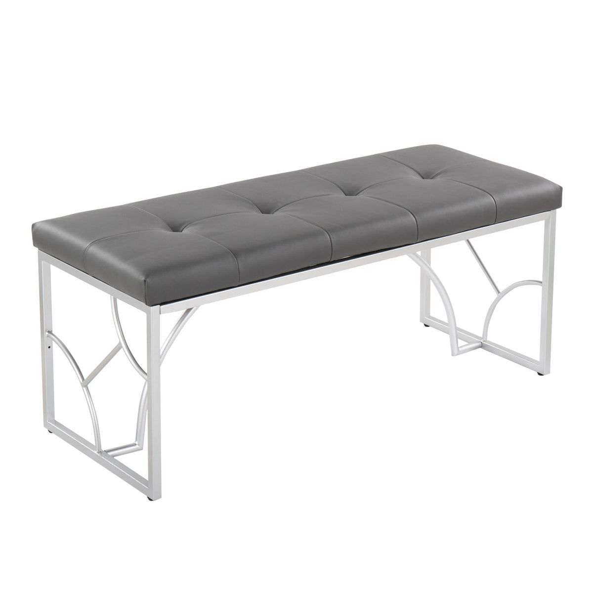 Elegant Contemporary Upholstered Bench with tufted grey cushion and chrome metal frame on Tampa Home & Garden Store