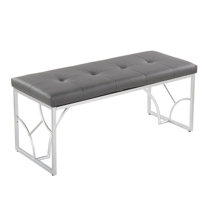 Elegant Contemporary Upholstered Bench with tufted grey cushion and chrome metal frame on Tampa Home & Garden Store