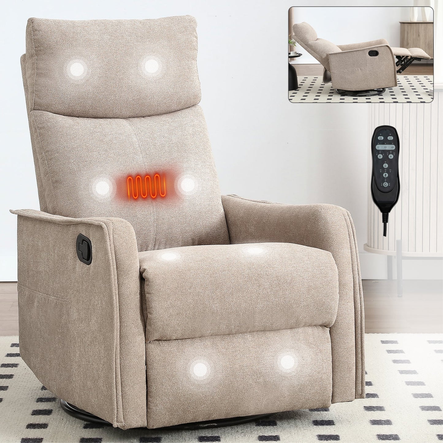 Heat massage manual recliner chair in khaki fabric with rocker and swivel by HouseOfZazla remote on Tampa Home & Garden Store
