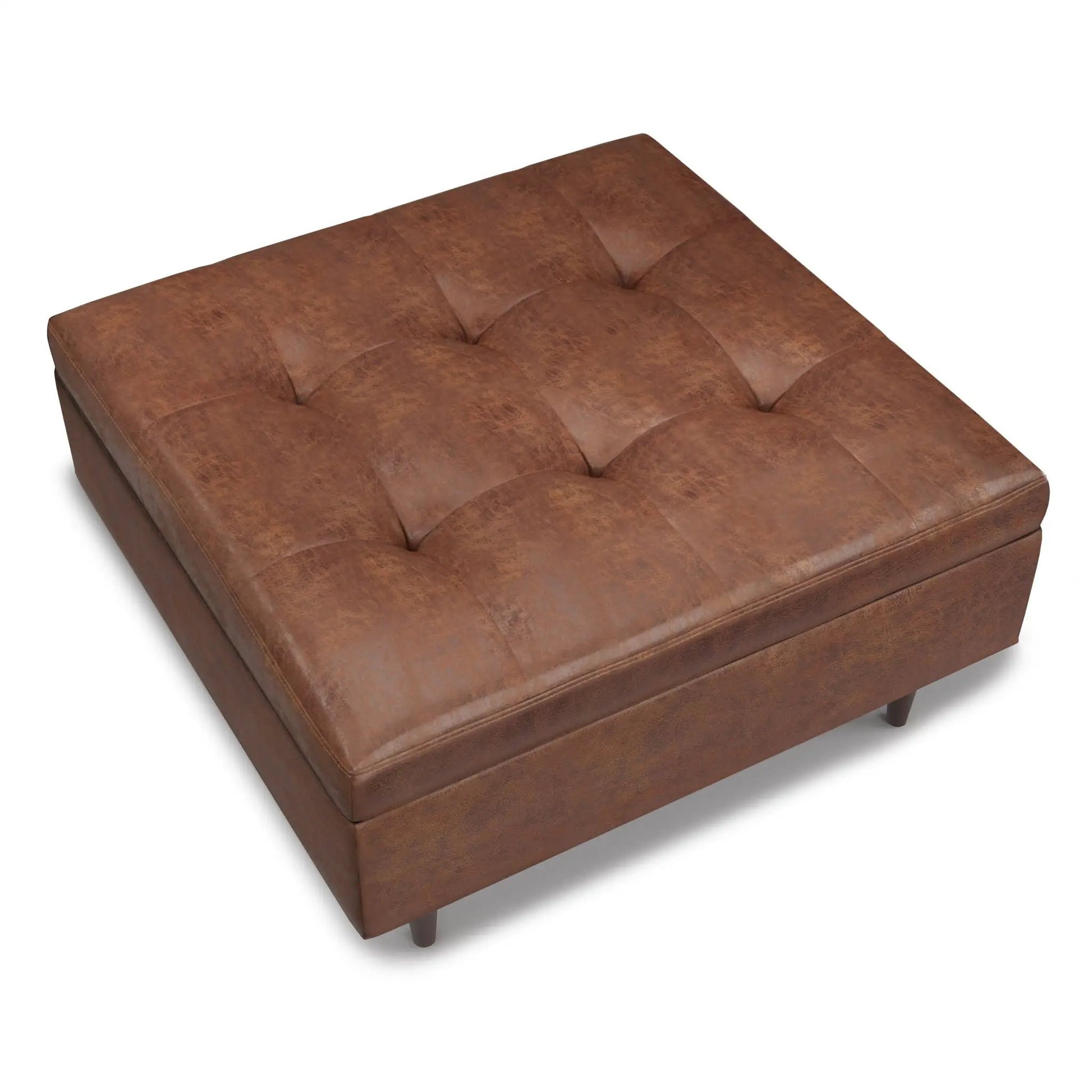 Shay large square storage ottoman coffee table in brown leather, tufted mid-century style on Tampa Home & Garden Store