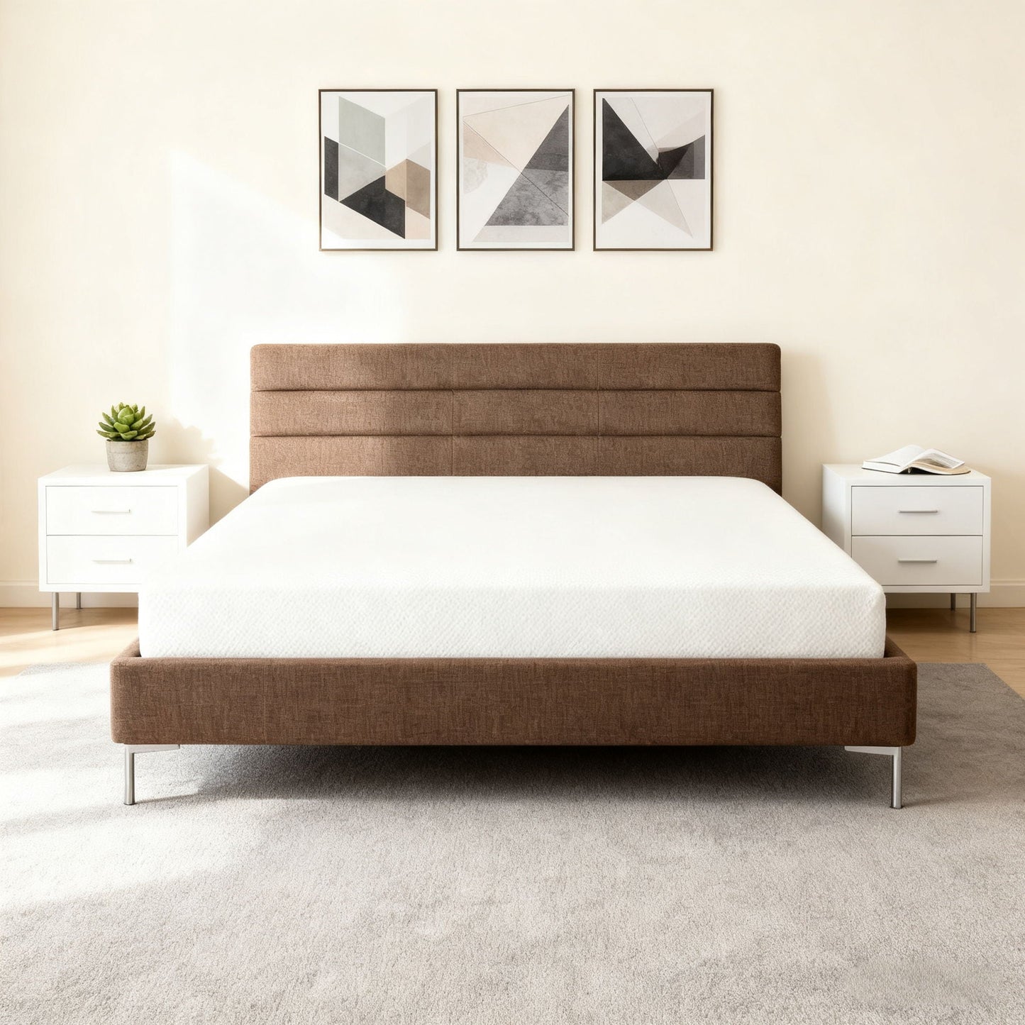 8in twin memory foam mattress in box white on a brown upholstered bed with white nightstands on Tampa Home & Garden Store