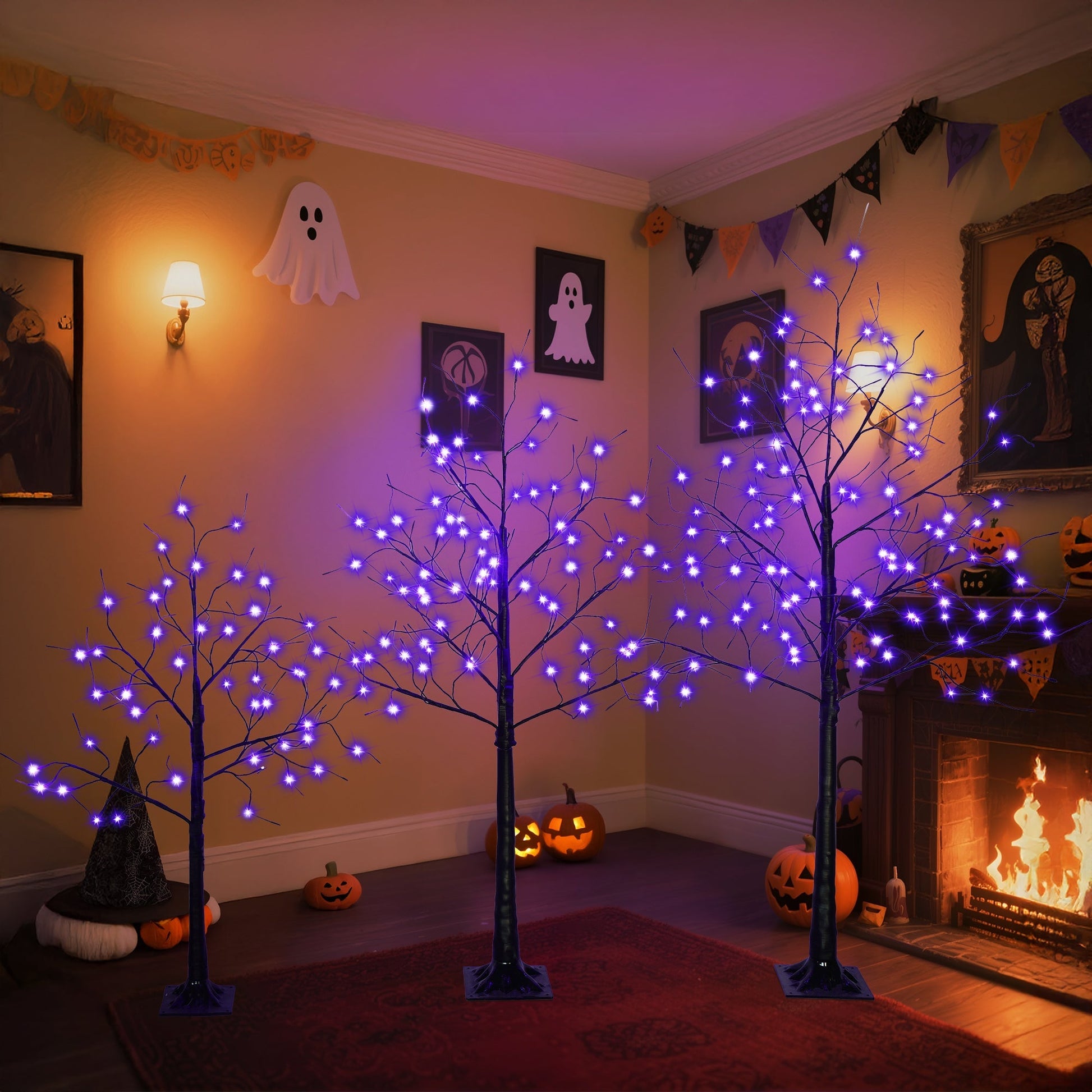 3 Pc Illuminated Halloween Tree with Purple LED Glow three slender indoor trees with purple LEDs on Tampa Home & Garden Store