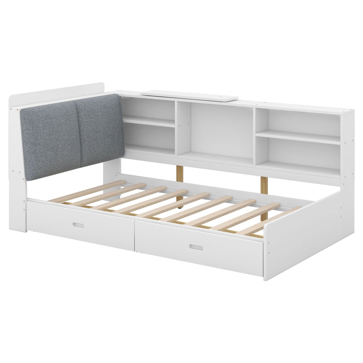Platform bed with storage headboard and shelves, white finish with gray panel and 2 drawers on Tampa Home & Garden Store