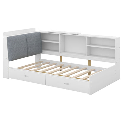 Platform bed with storage headboard and shelves, white finish with gray panel and 2 drawers on Tampa Home & Garden Store