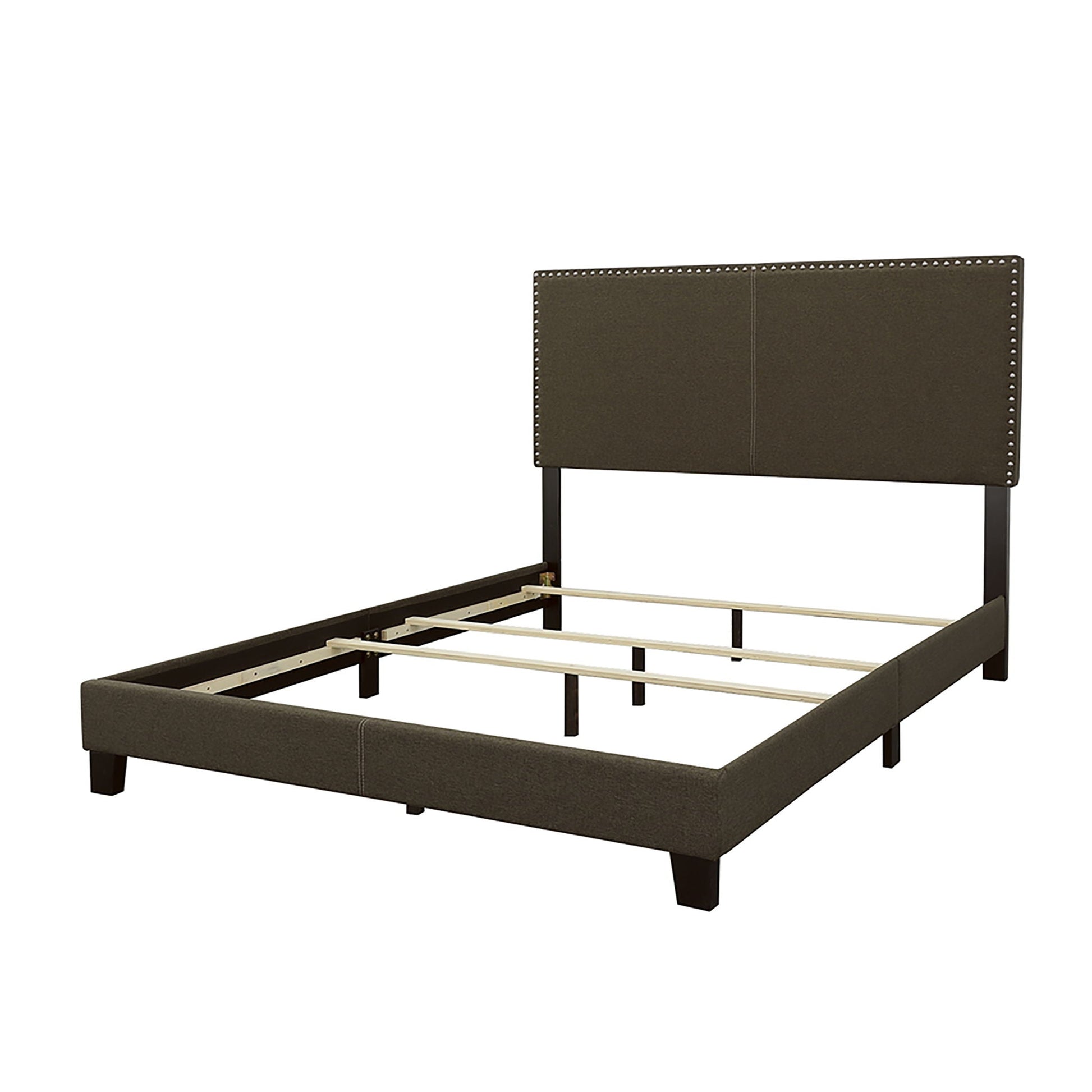 Queen bed with charcoal upholstered headboard and nailhead trim, metal legs on Tampa Home & Garden Store