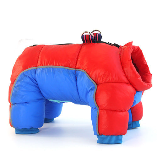 Pet Zen dog winter coat thick red and blue puffer jacket with blue cuffs on Tampa Home & Garden Store
