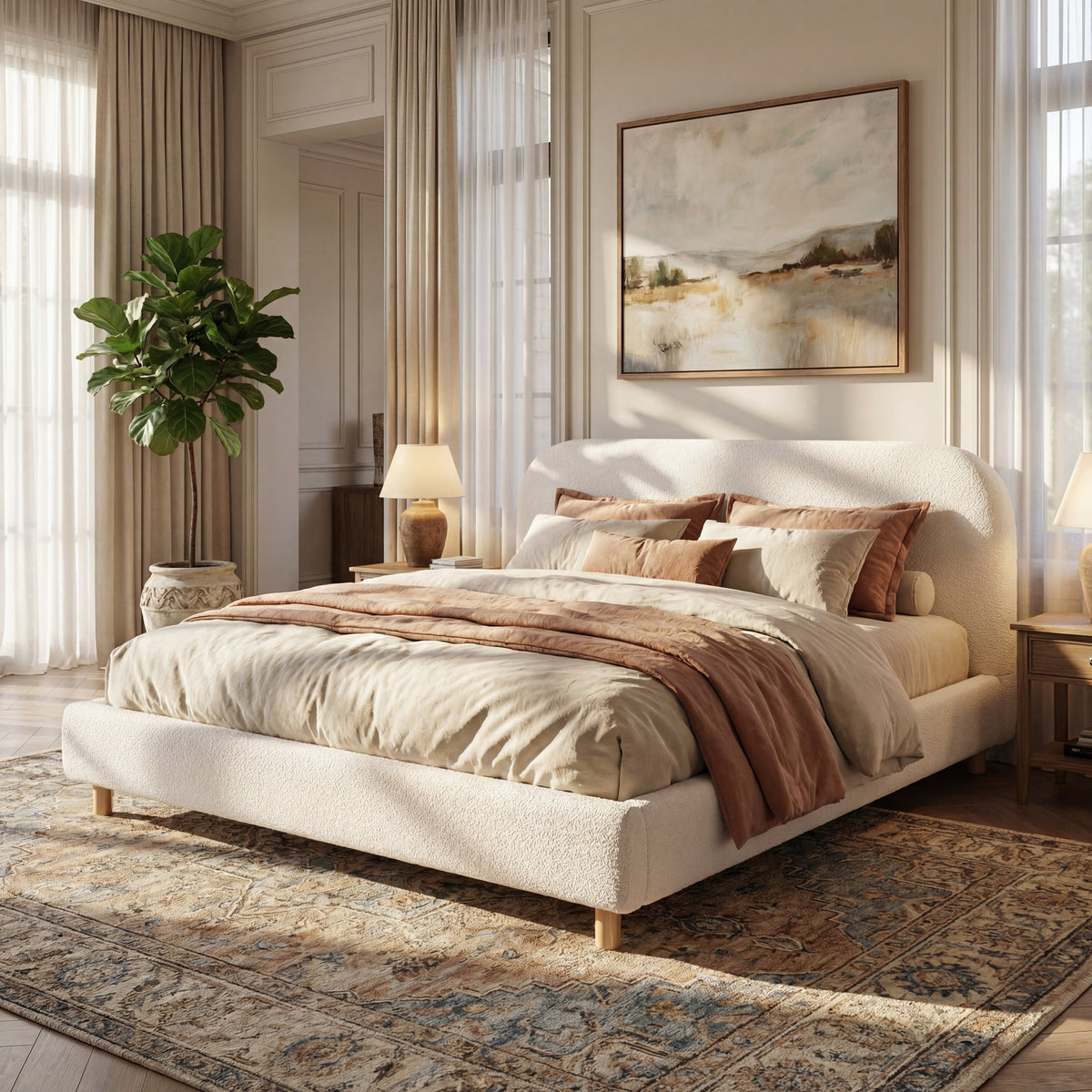 California King Upholstered Bed in beige boucle with curved headboard by HouseOfZazla on Tampa Home & Garden Store