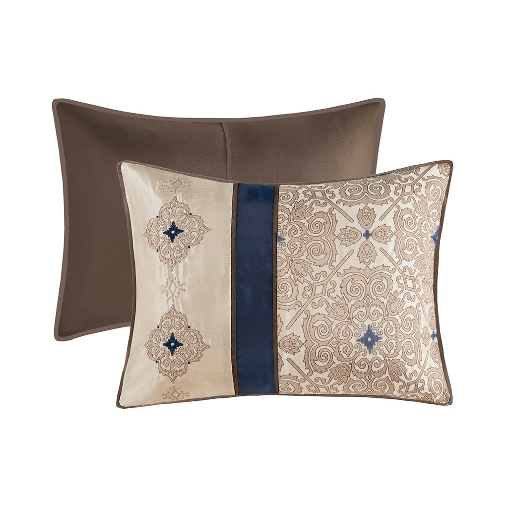 King Jacquard Comforter Set with Throw Pillows, 2 brown cream pillows with blue stripe on Tampa Home & Garden Store