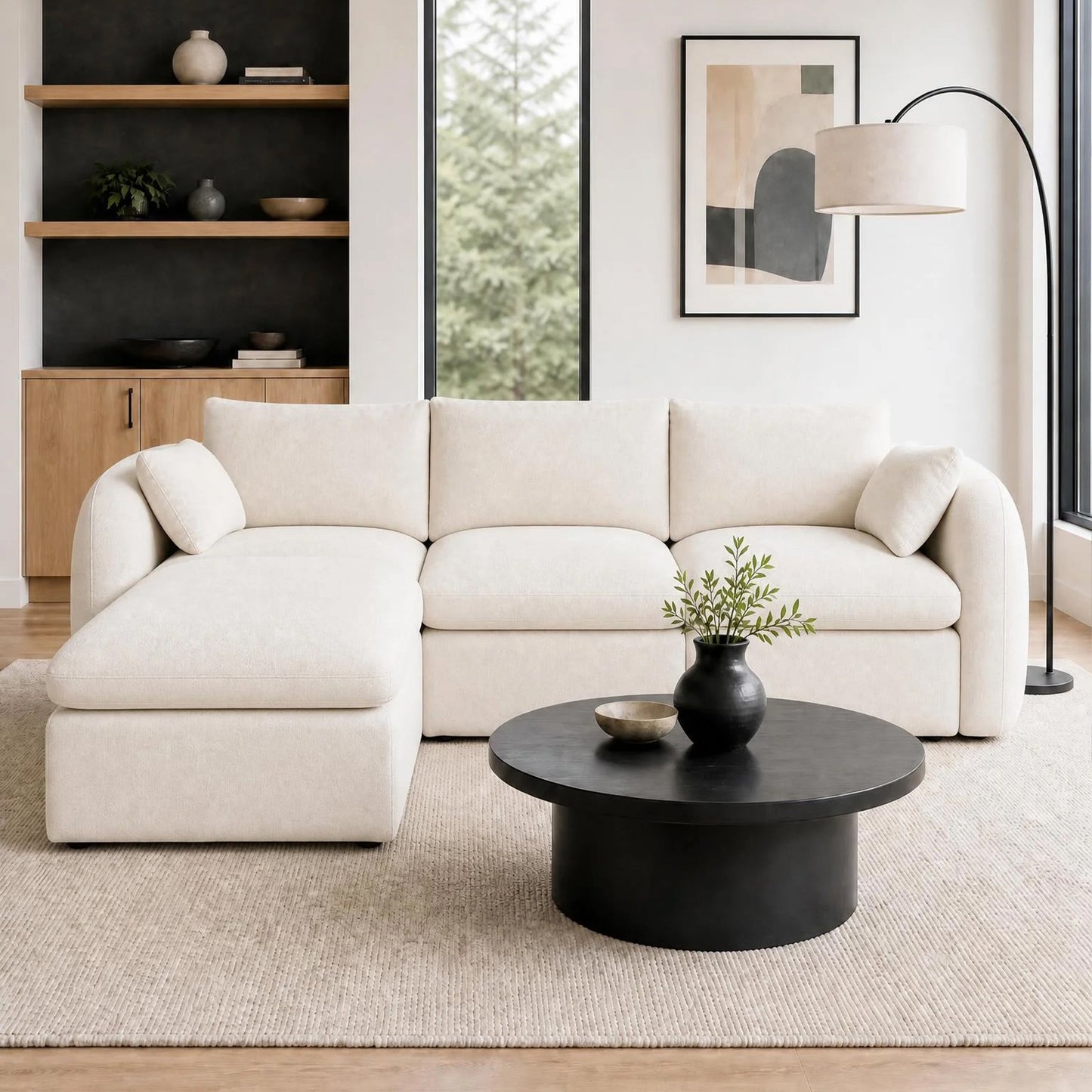 Fully Sponge Compressed Sectional Sofa beige fabric with chaise in a modern living room on Tampa Home & Garden Store