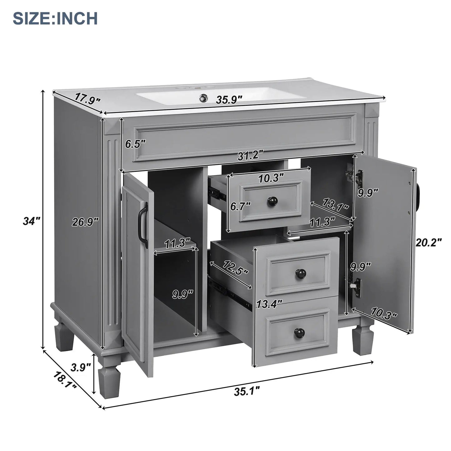 Bathroom vanity with top sink and mirror cabinet in gray, 2 soft-closing doors & 2 drawers on Tampa Home & Garden Store