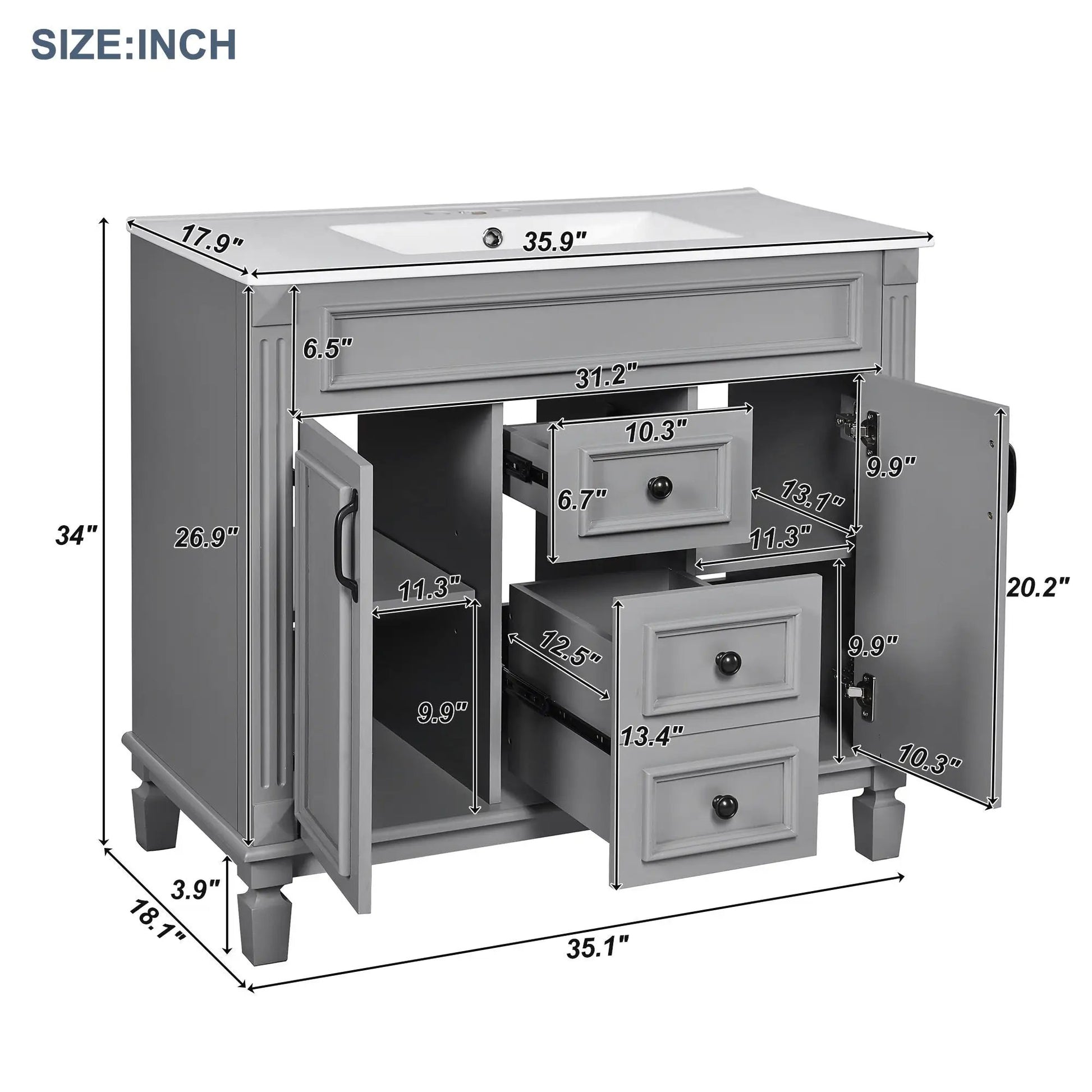 Bathroom vanity with top sink and mirror cabinet in gray, 2 soft-closing doors & 2 drawers on Tampa Home & Garden Store