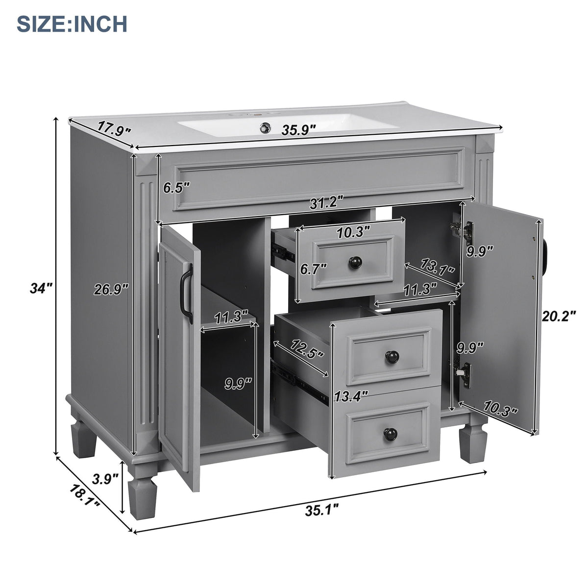 Bathroom vanity with sink and mirror cabinet by HouseOfZazla, gray finish, soft-closing doors on Tampa Home & Garden Store