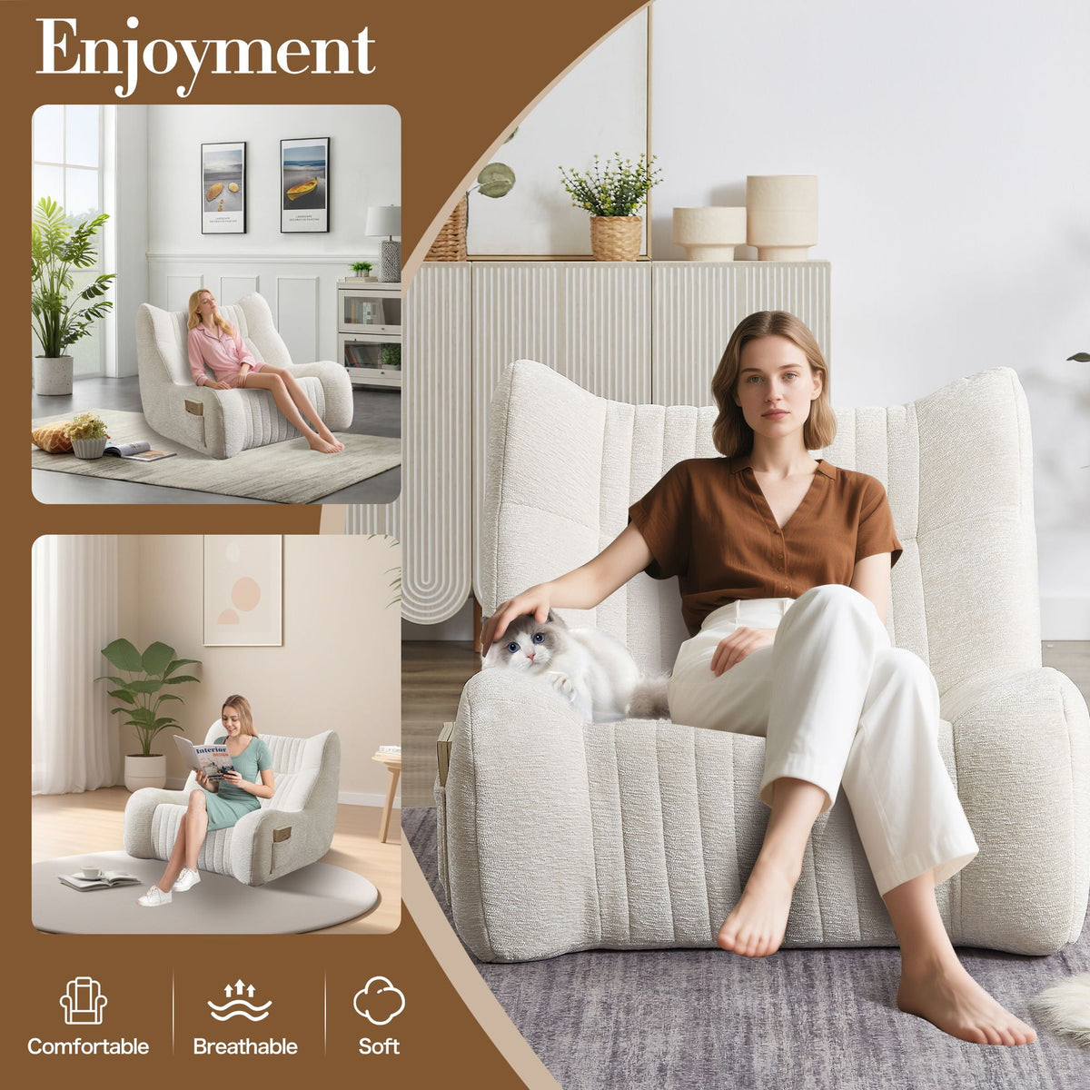 White chenille bean bag chair for adults with memory foam by HouseOfZazla on Tampa Home & Garden Store