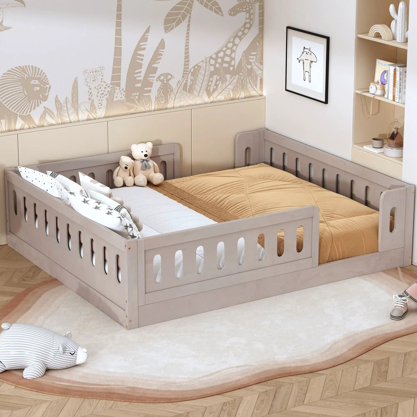 Platform bed with guardrail in light gray wood finish for kids room on Tampa Home & Garden Store
