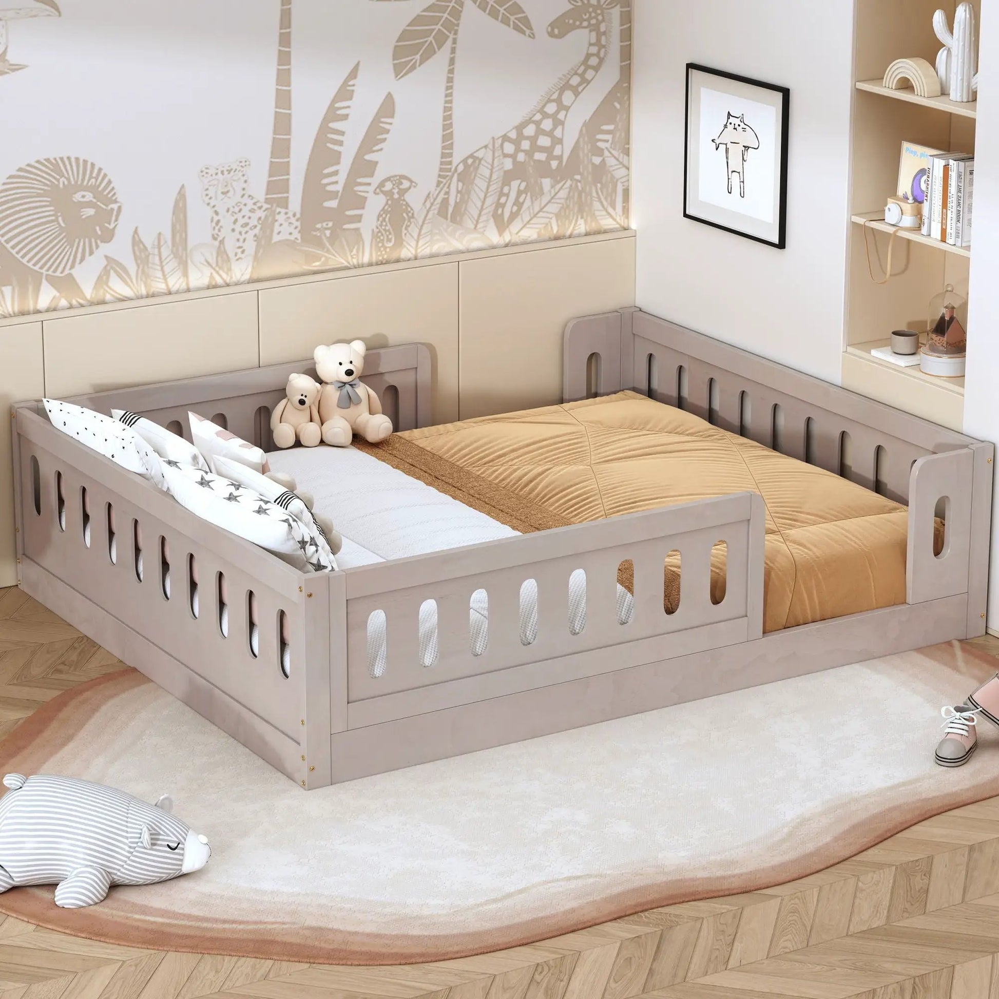 Platform bed with guardrail in light gray wood finish for kids room on Tampa Home & Garden Store