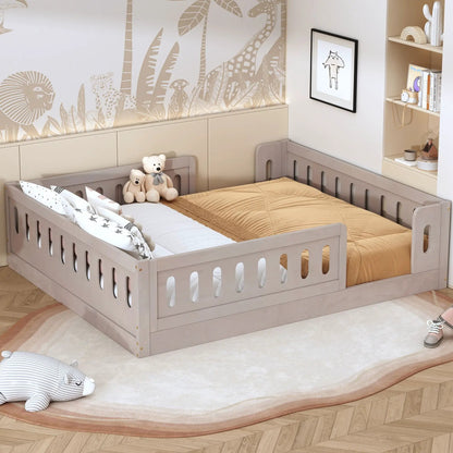Platform bed with guardrail in light gray wood finish for kids room on Tampa Home & Garden Store