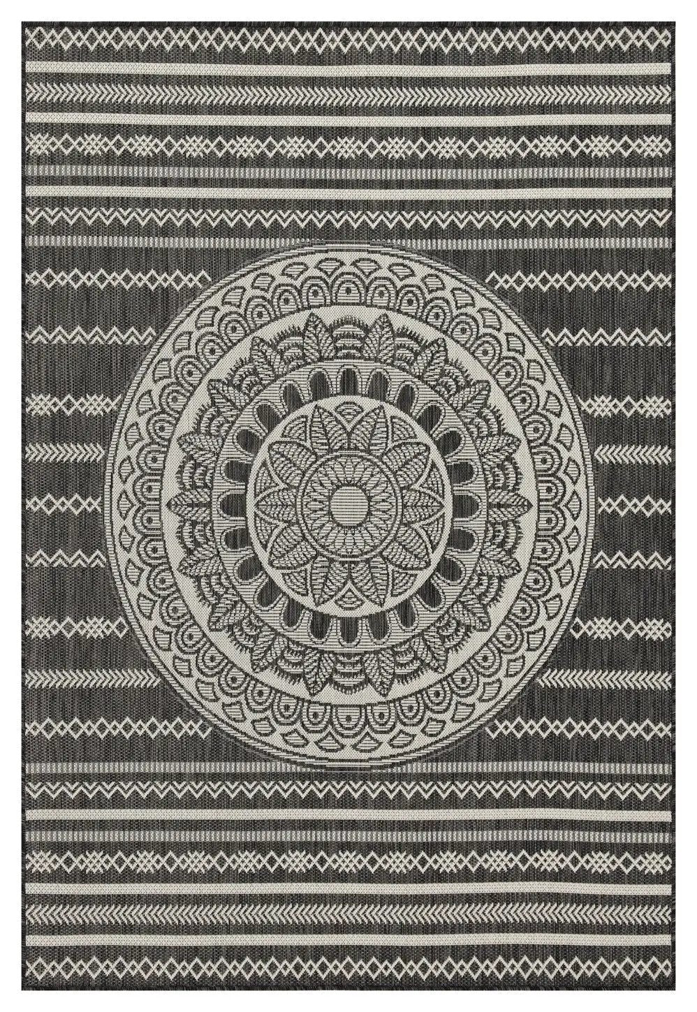 Sunshine indoor/outdoor area rug black and cream mandala center with striped borders polypropylene on Tampa Home & Garden Store