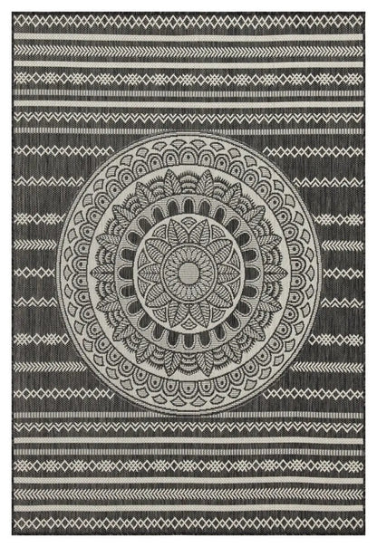 Sunshine indoor/outdoor area rug black and cream mandala center with striped borders polypropylene on Tampa Home & Garden Store
