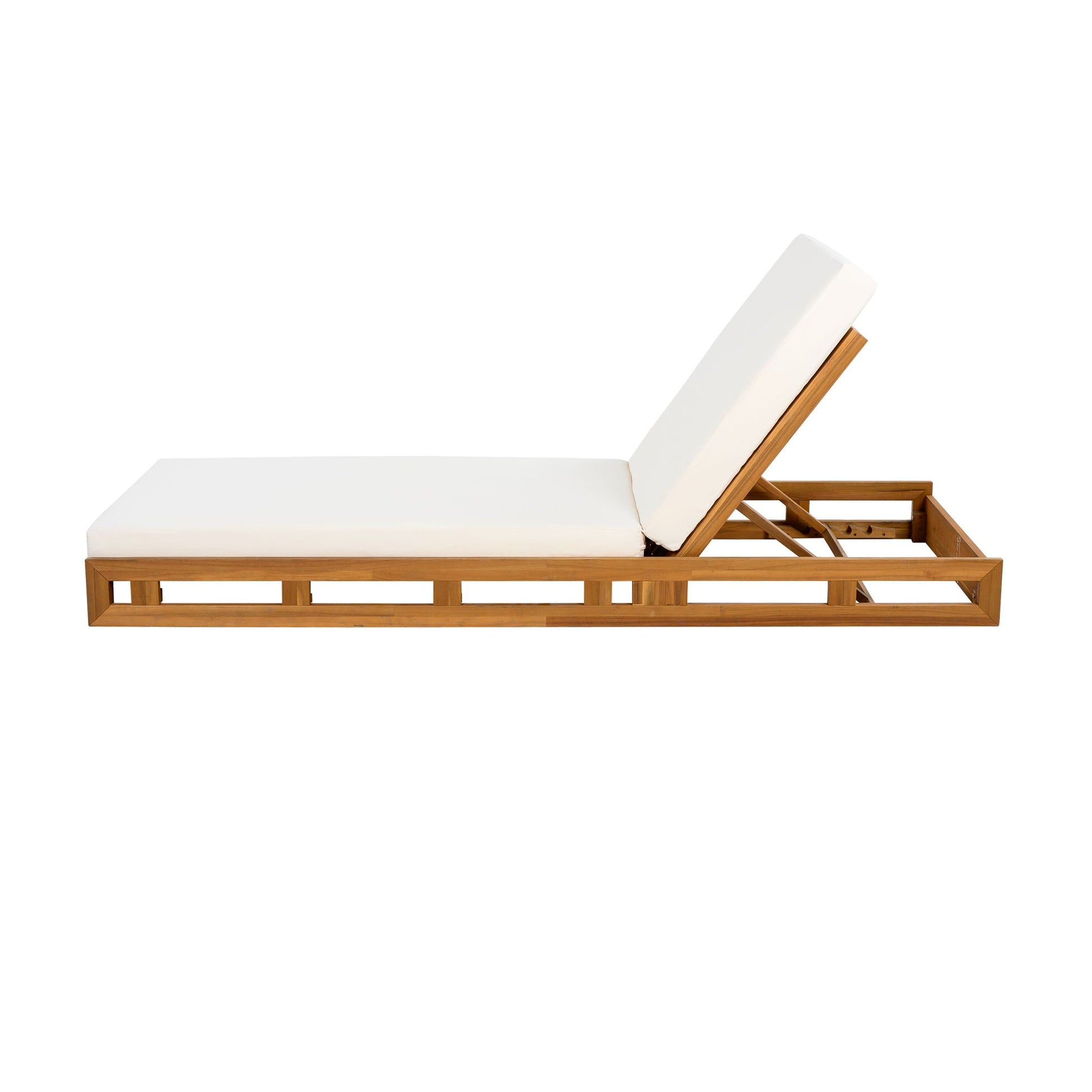 Lounge chaise in acacia wood with cream cushions, teak frame, adjustable recline by HouseOfZazla on Tampa Home & Garden Store