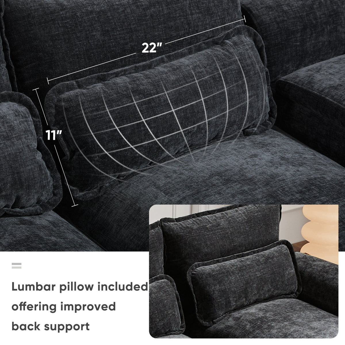 Modern U-shaped sectional sofa in dark charcoal fabric with grid-stitched cushions on Tampa Home & Garden Store