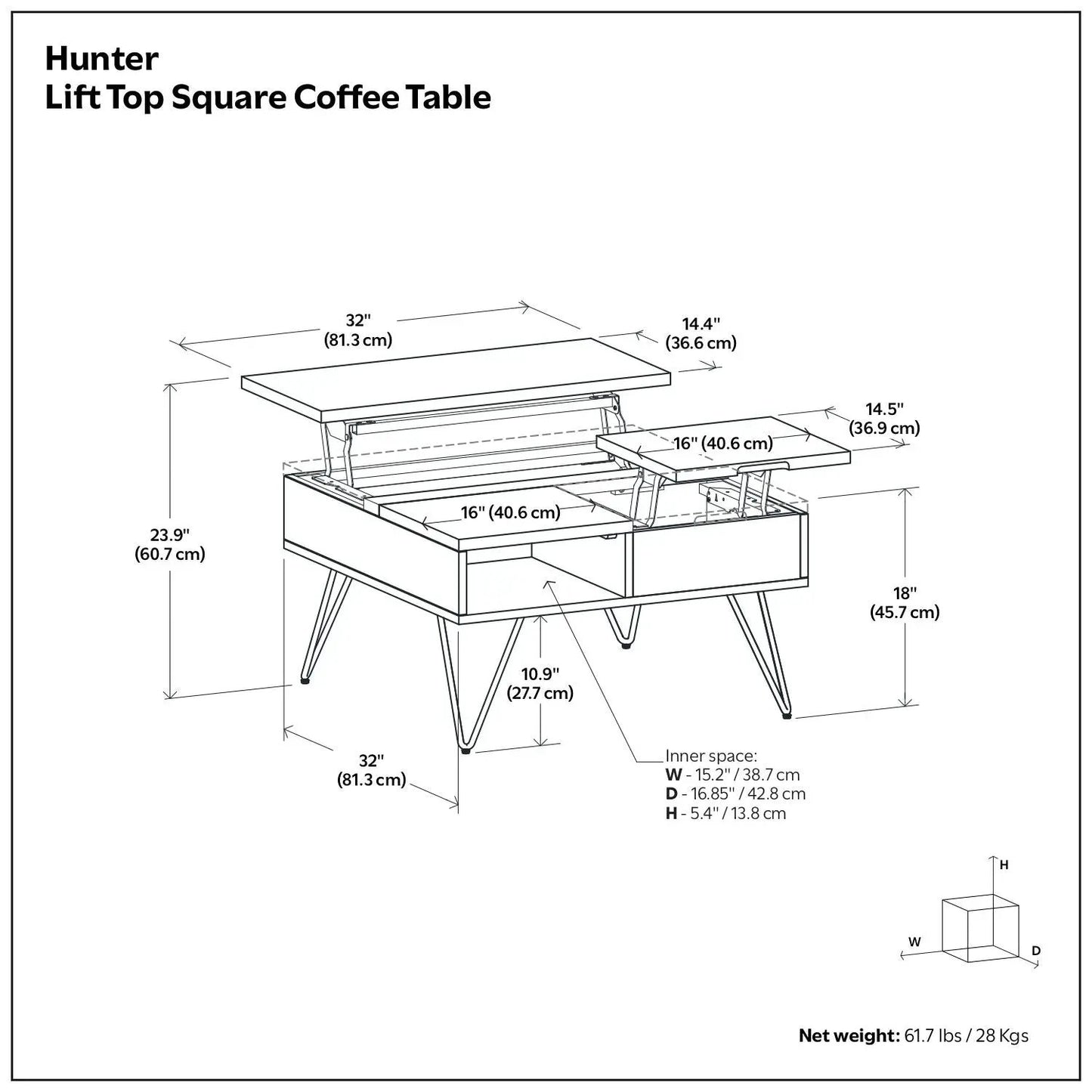 Hunter Handcrafted Lift Top Coffee Table