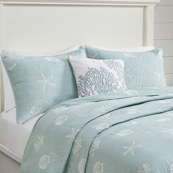 Cotton reversible quilt set aqua King/Cal King with pillow, seashell embroidery HouseOfZazla on Tampa Home & Garden Store