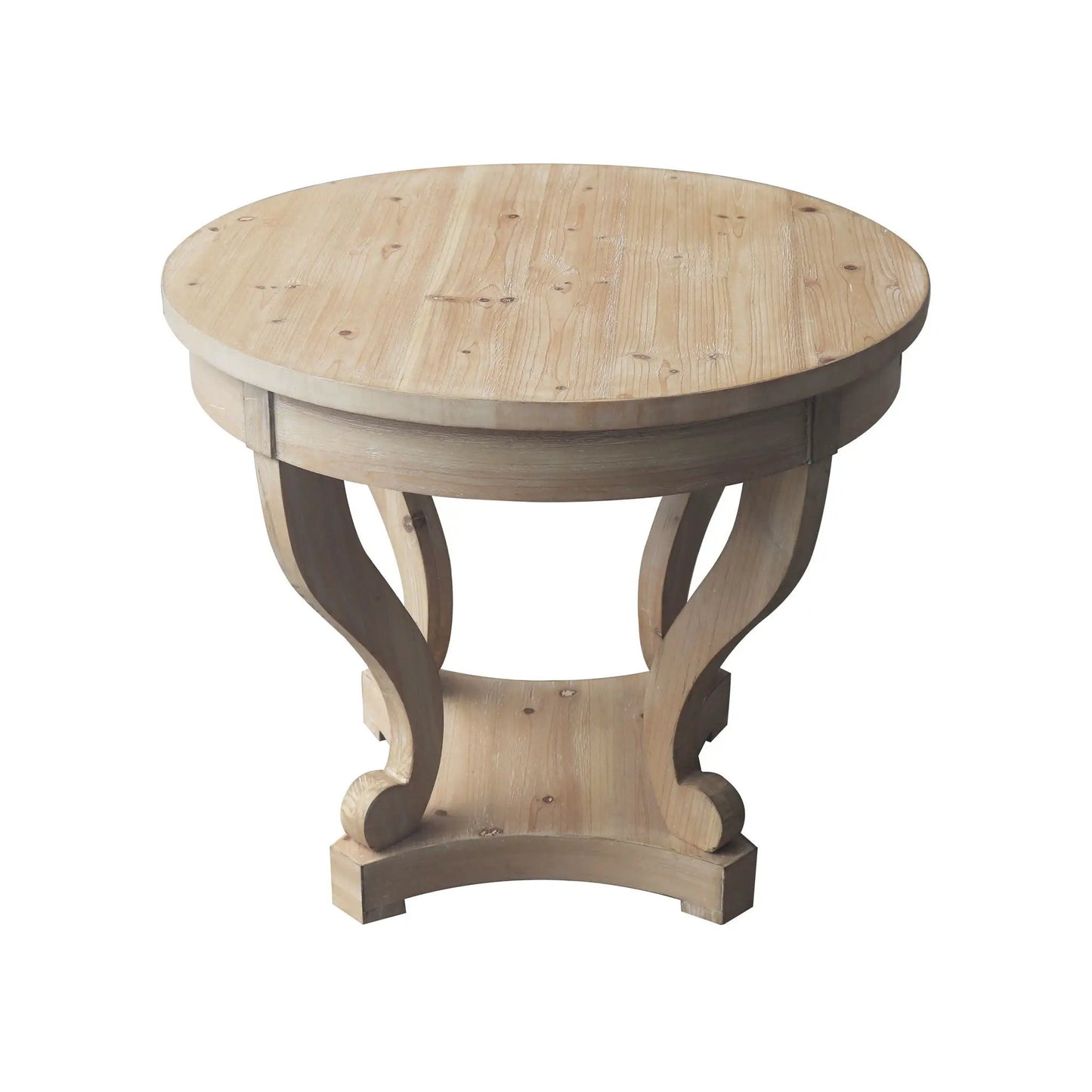 Small round farmhouse style side table with curved legs in natural distressed wood on Tampa Home & Garden Store