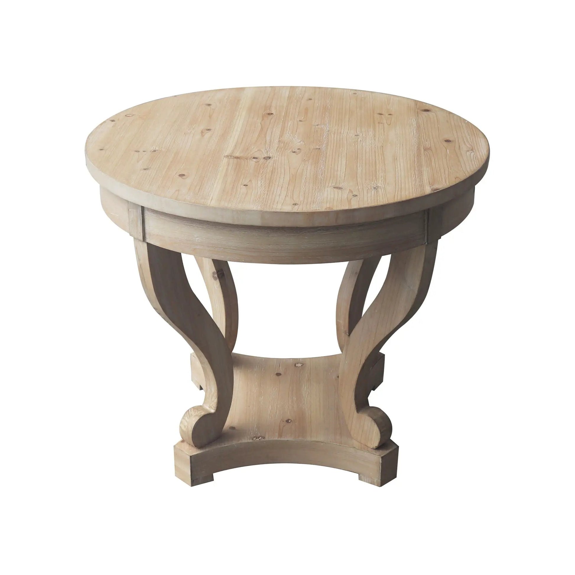 Small round farmhouse style side table with curved legs in natural distressed wood on Tampa Home & Garden Store