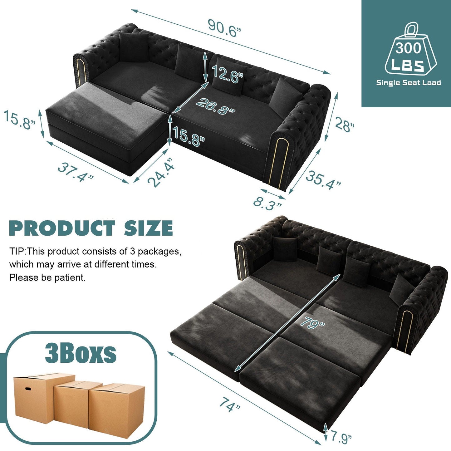 3 In 1 Convertible Sofa and Ottoman Bed
