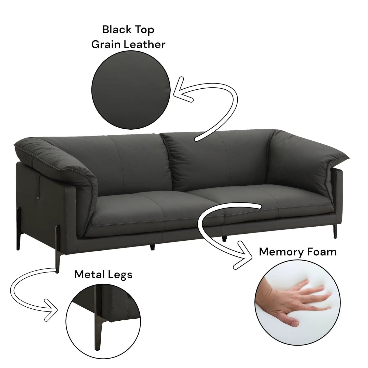 Tadi Top Grain Leather Sofa Black stationary leather sofa with memory foam on Tampa Home & Garden Store