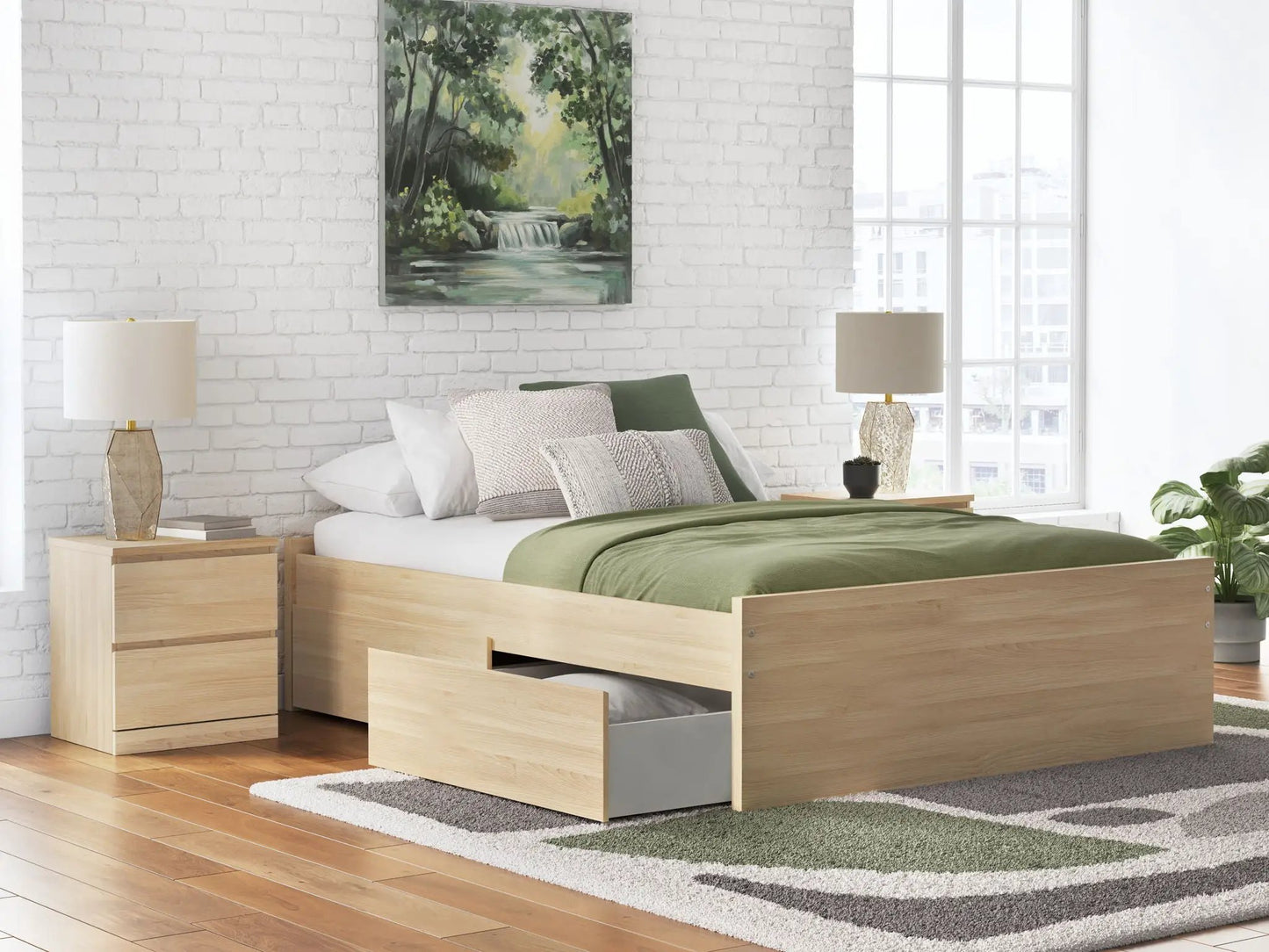 Onita platform bed with built-in storage drawers in light oak finish and green bedding on Tampa Home & Garden Store