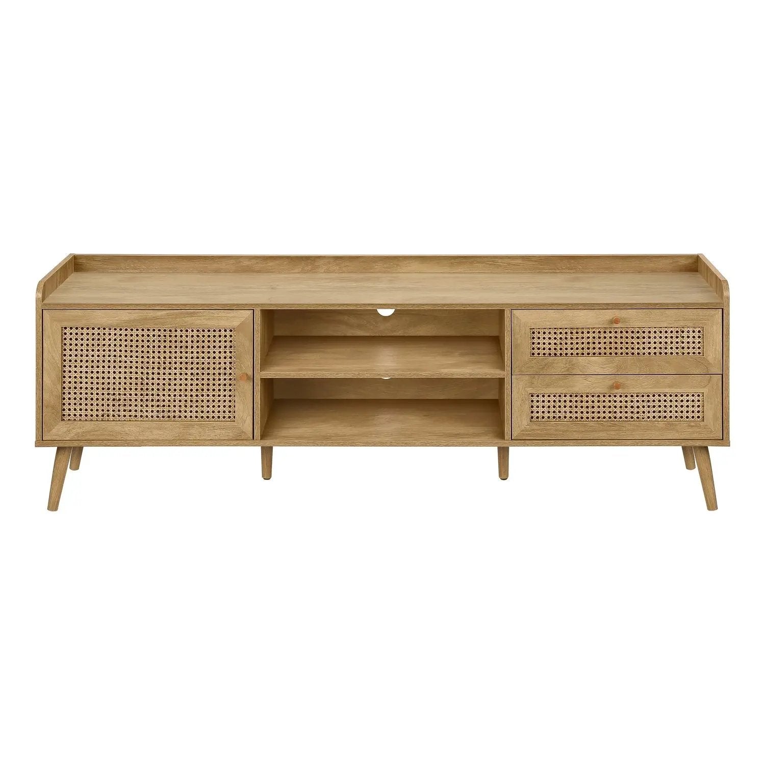 TV stand with cane-woven cabinet and cane-front drawers, open shelves in light oak finish on Tampa Home & Garden Store