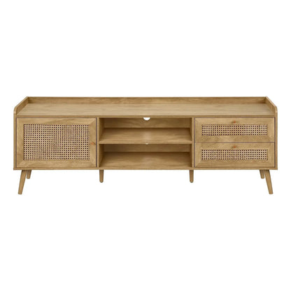 TV stand with cane-woven cabinet and cane-front drawers, open shelves in light oak finish on Tampa Home & Garden Store