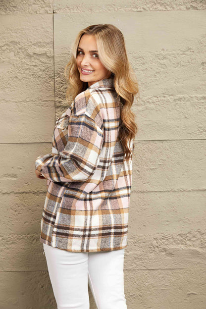 Plaid button-front shirt jacket by Stevvex with breast pockets in beige tan tones on Tampa Home & Garden Store