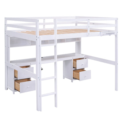 Loft bed with desk, drawers, cabinets and bedside tray in white wood, charging station on Tampa Home & Garden Store
