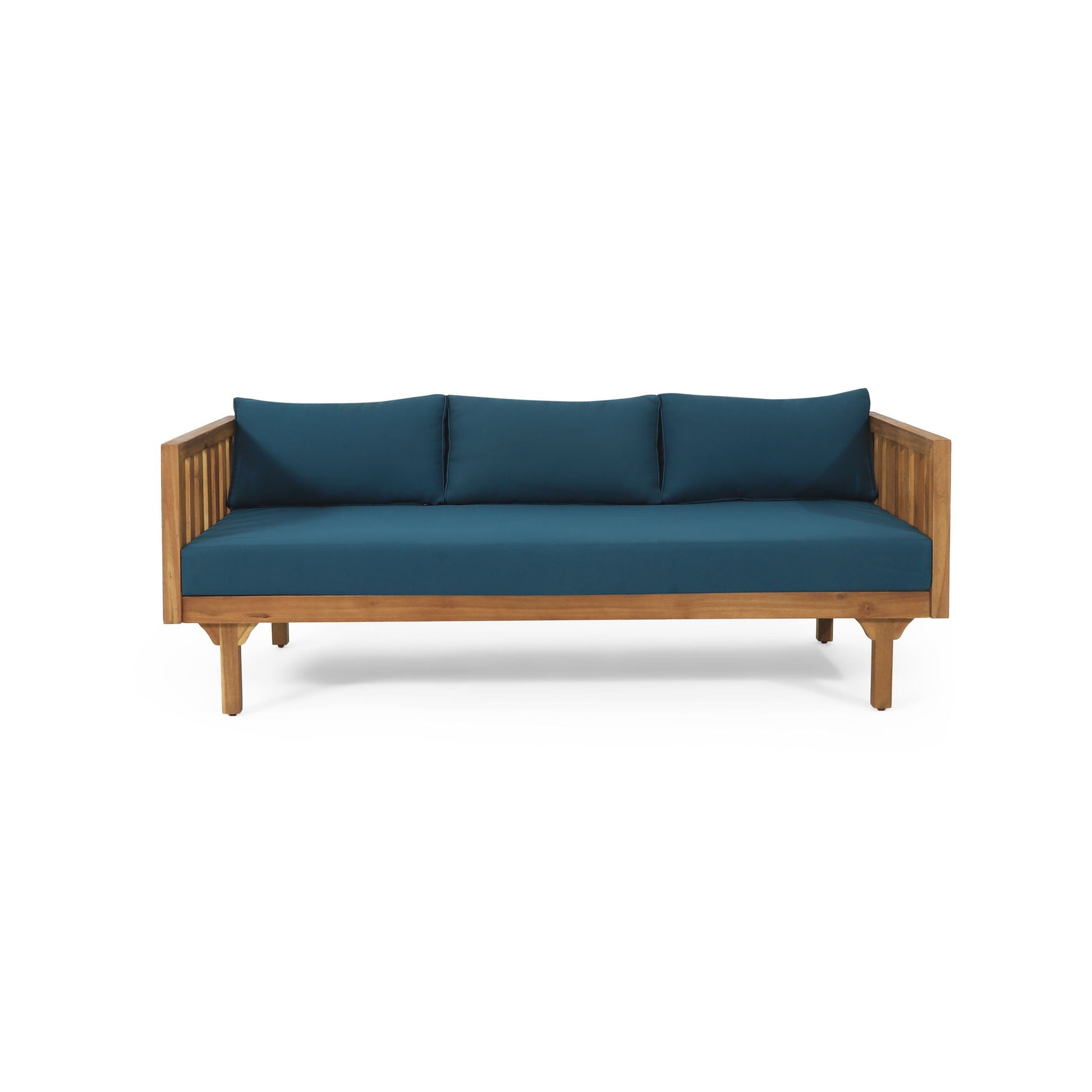 Claremont 3-Seater daybed in teak acacia wood with teal water-resistant cushions on Tampa Home & Garden Store