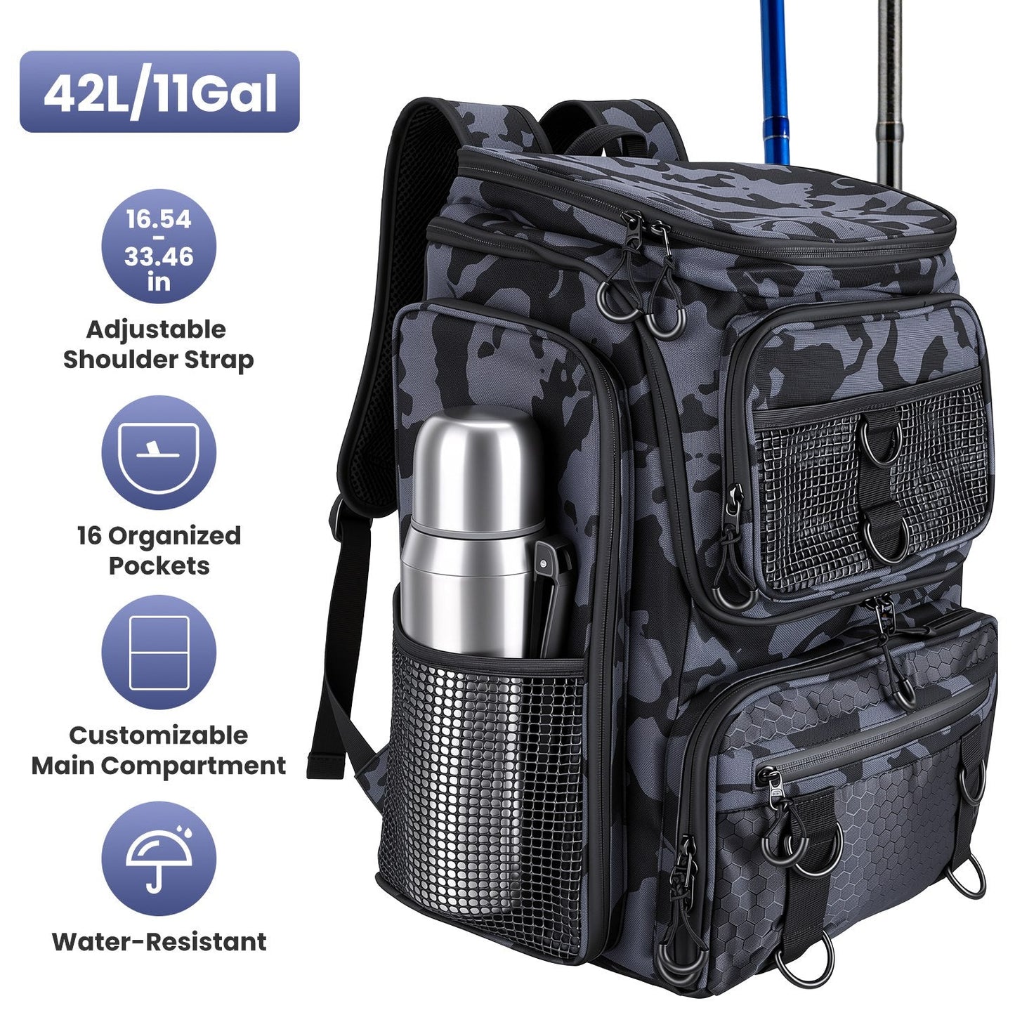 GemGear 42L/11Gal fishing backpack with camo pattern and rod holders on Tampa Home & Garden Store