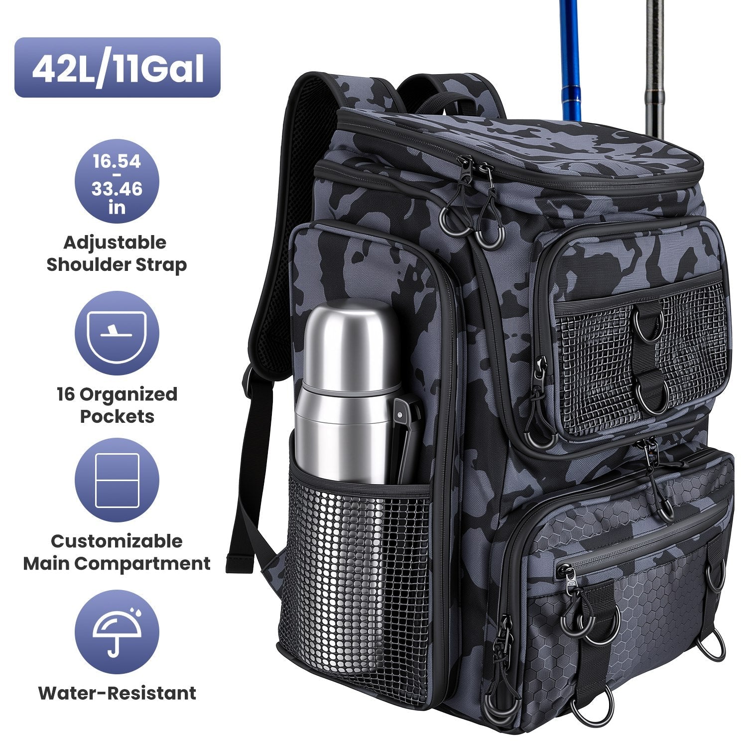 GemGear 42L/11Gal fishing backpack with camo pattern and rod holders on Tampa Home & Garden Store