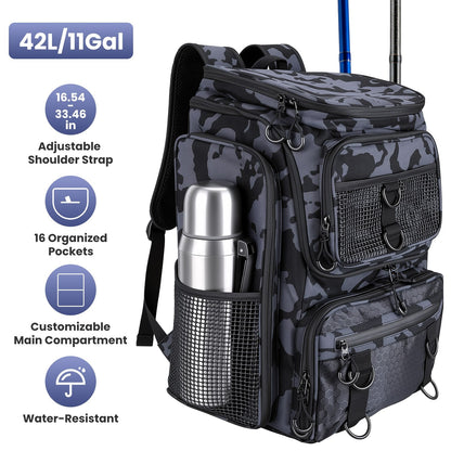 GemGear 42L/11Gal fishing backpack with camo pattern and rod holders on Tampa Home & Garden Store