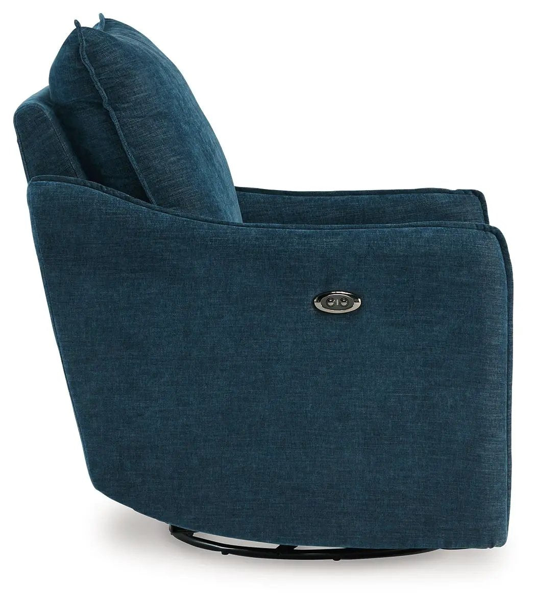 Mcburg Swivel Power Recliner in blue textured fabric with side power control panel on Tampa Home & Garden Store